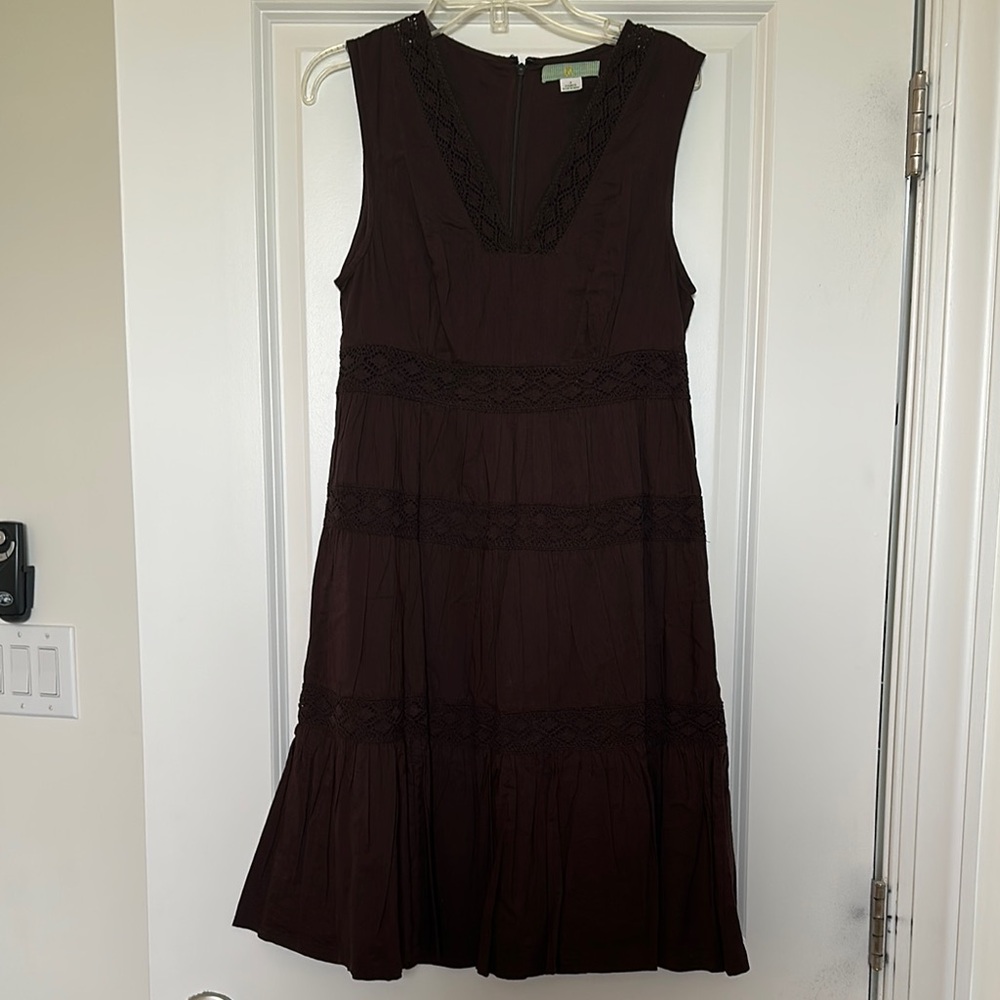 Anthropologie Dark Brown Lace-Trim Midi Dress